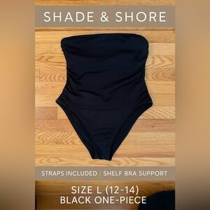 Shade & Shore Black Strapless One Piece Swimsuit w/ Straps & Support L 12/14